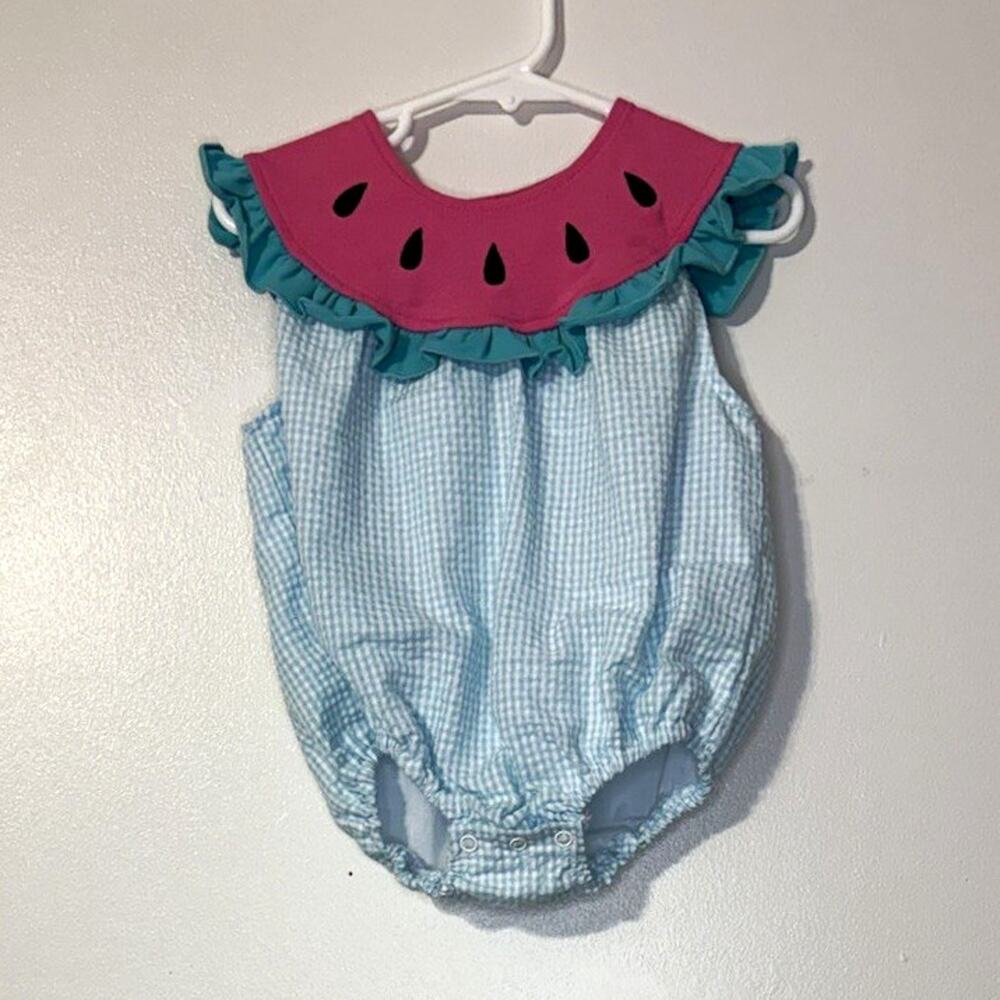 Three Sisters Sleeveless Cotton Woven Gingham Watermelon Ruffle Romper 12-18M